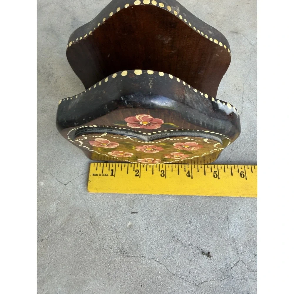 Vintage Wooden Napkin Holder with Hand Painted Folk Art Pansies Hearts Pink